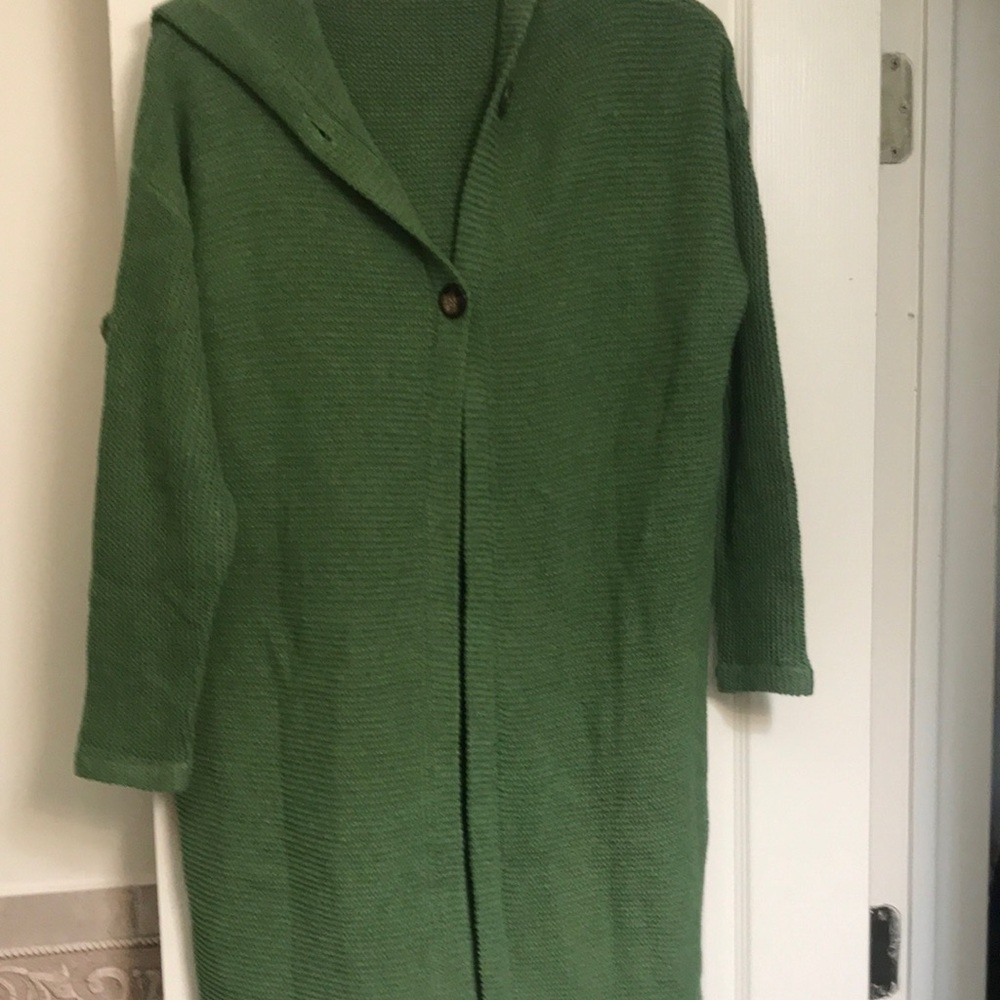 Hooded cardigan sweater.